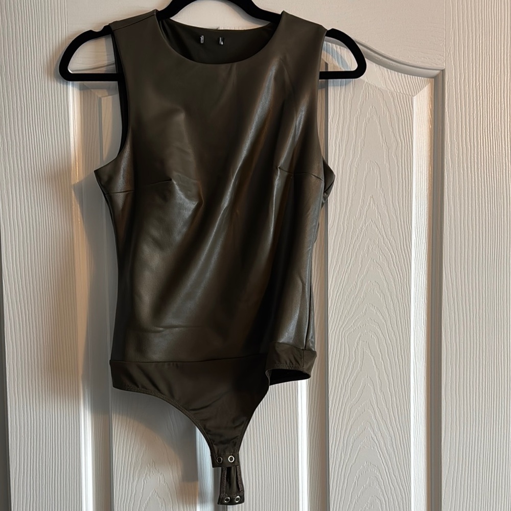 Express Olive Green Faux Leather Bodysuit